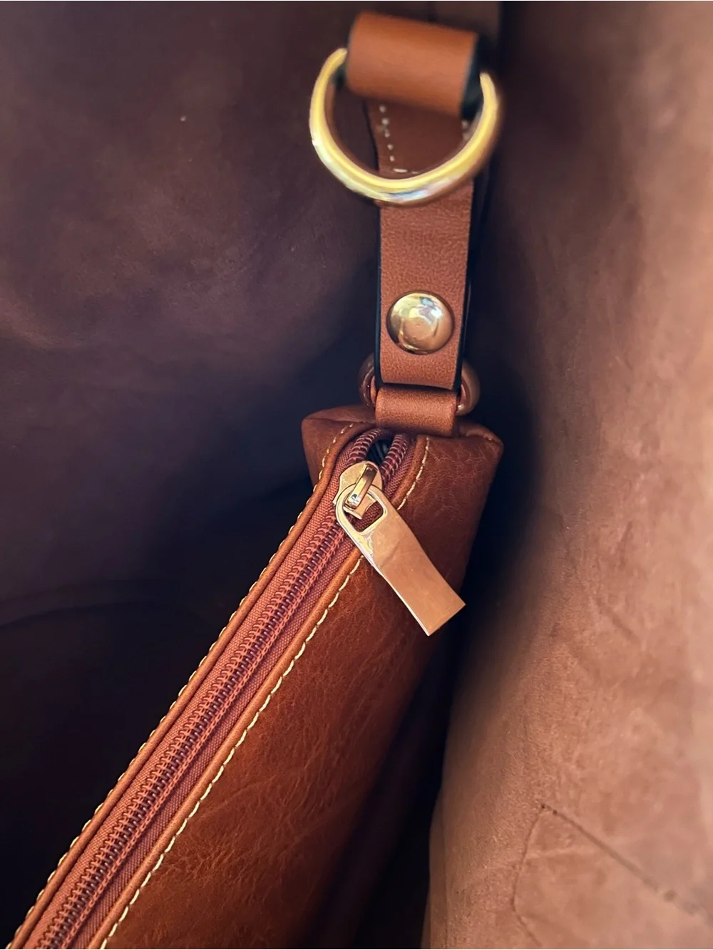 Natural Brown Vegan Leather Shoulder Bag w/large accessory bag 12”x 16” Pristine